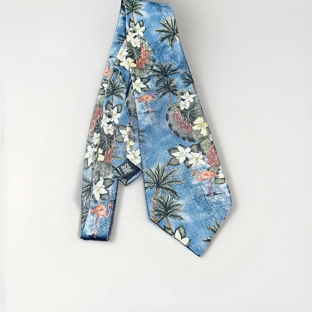 Tropicals by Tango Mens Silk Tie Blue Flamingo Palm Tree Floral USA 58x4 Vintage